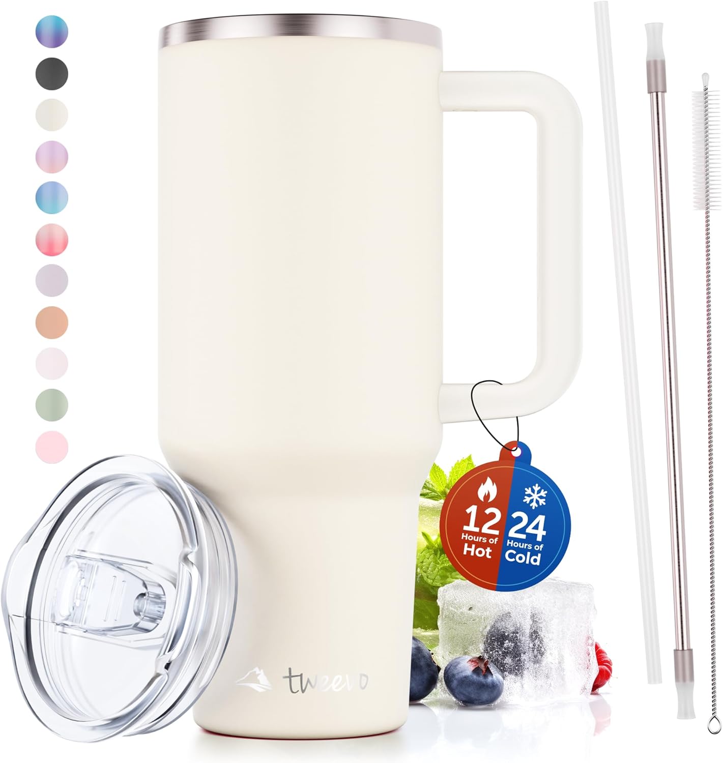 40 oz Tumbler With Handle and Straw Made of Stainless Steel - Double Wall Vacuum Insulated Tumbler With Lid - Sweat Proof Easy Grip, BPA-Free, Dishwasher Safe Tumbler (Cream)