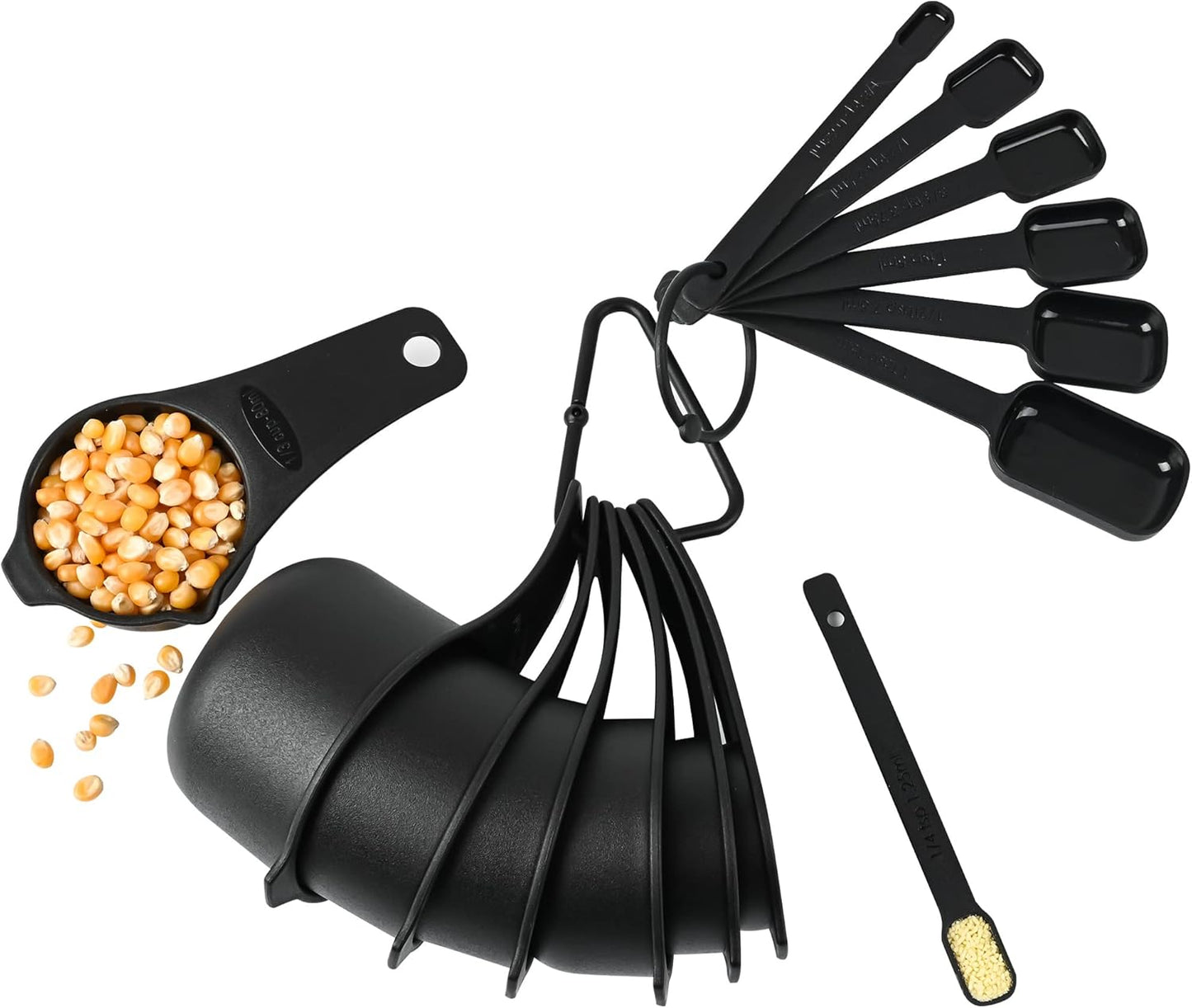 Measuring Cups and Spoons Set 15, 7 Plastic Measuring Cup Spoon Set, 7 Spice Long Handle Measuring Spoons with 1 Leveler for Kitchen and Baking, Dry Metric Measure Cups & Spoons Black