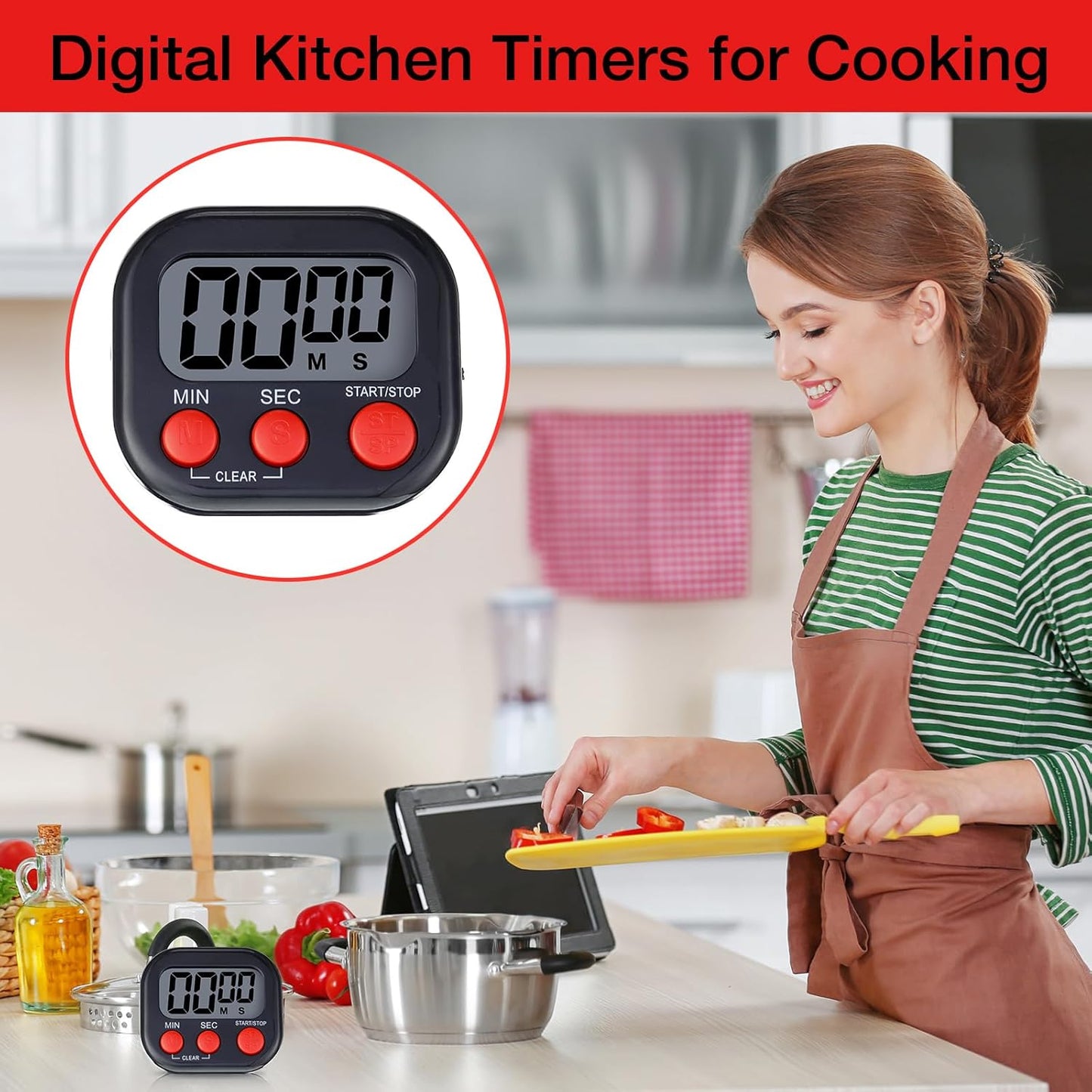 Leumoi 24 Pcs Digital Kitchen Timers Magnetic Back Timers Bulk Large Screen Loud Alarm On/Off Switch Minute Second Count up Countdown Memory Setting for Cooking Classroom Exercise(Black and Red)