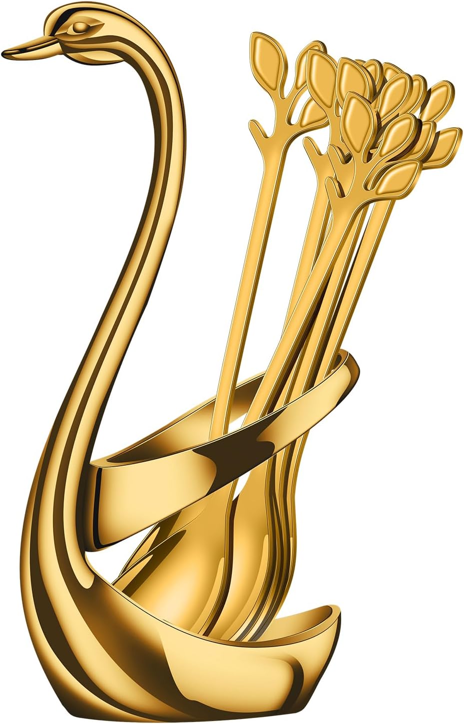 AnSaw Gold Small Coffee Spoon Holder Set,Swan Base With 10 Pcs Demitasse Espresso Spoons Set,4.7" Mini Leaf Dessert Spoon,Stainless Steel Tea Spoons