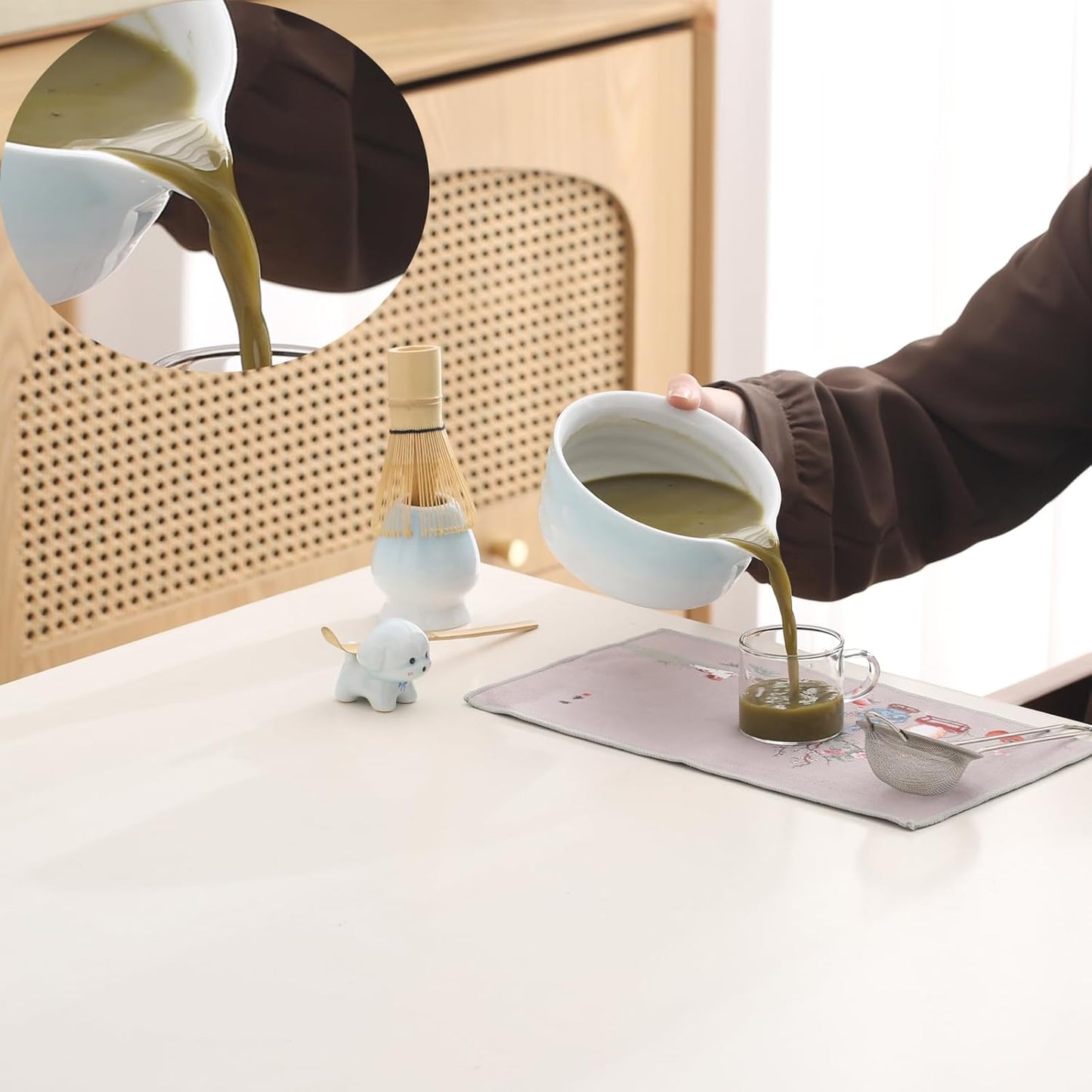 Matcha whisk and bowl set, ceramic matcha bowl with spout, matcha tea set for breakfast, matcha latte, perfect matcha set for ceremony 7 piece set (blue)