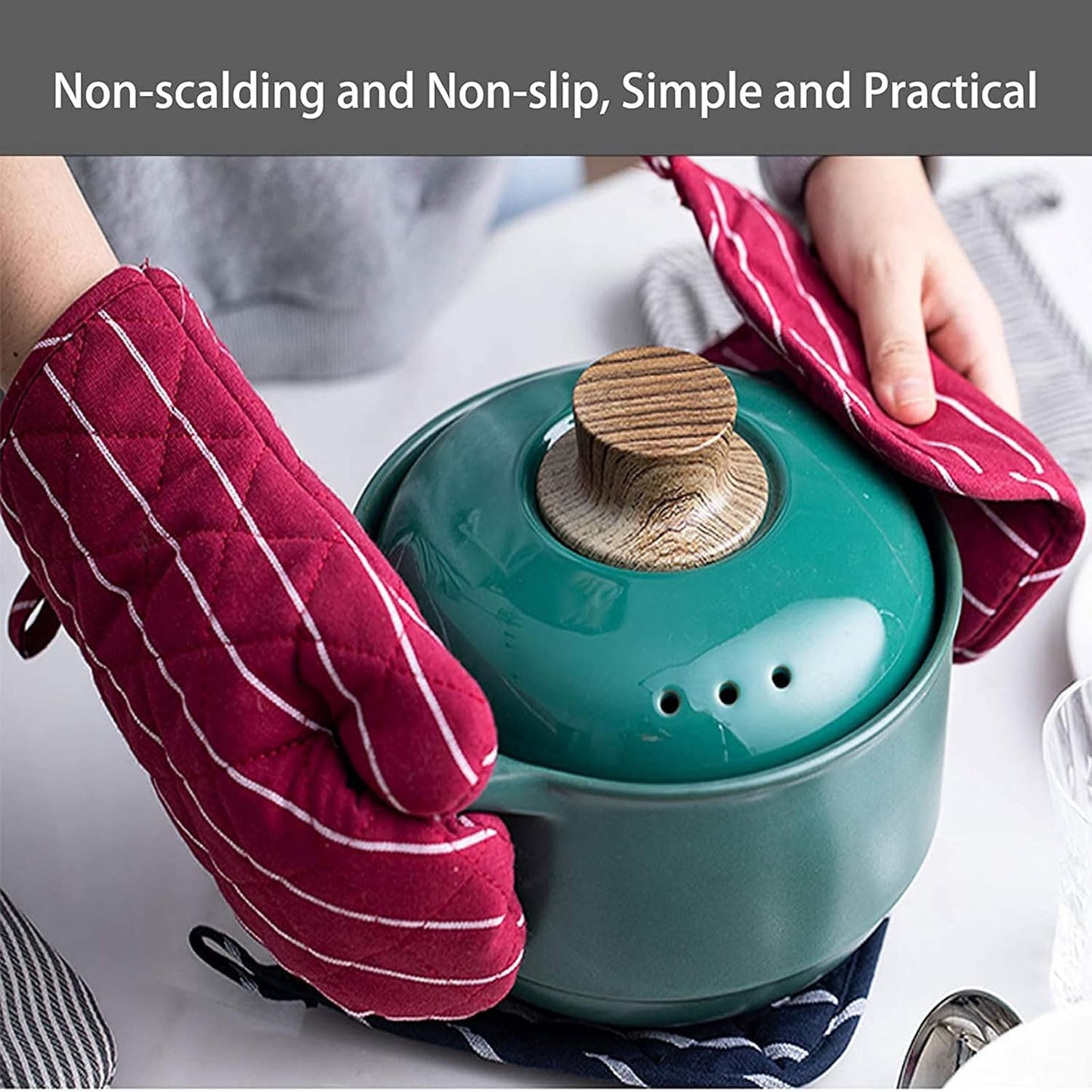 4Pcs Oven Mitts and Pot Holders, Heat Resistant Oven Mitts Set with Pothholder,Heat Resistant Microwave Gloves Safe for Baking,Cooking, BBQ (Red)