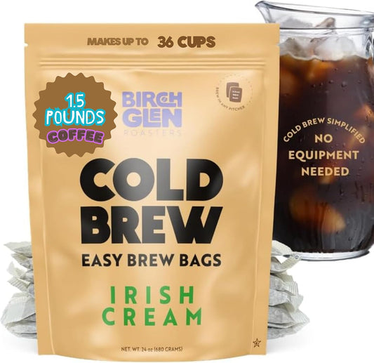 Birch Glen Roasters Cold Brew Coffee Bags - 12 Pack of Coarse Ground Coffee Filter Pitcher Packs for Easy Brewing - 100% Arabica - Yields 6 Pitchers - Irish Cream Flavor