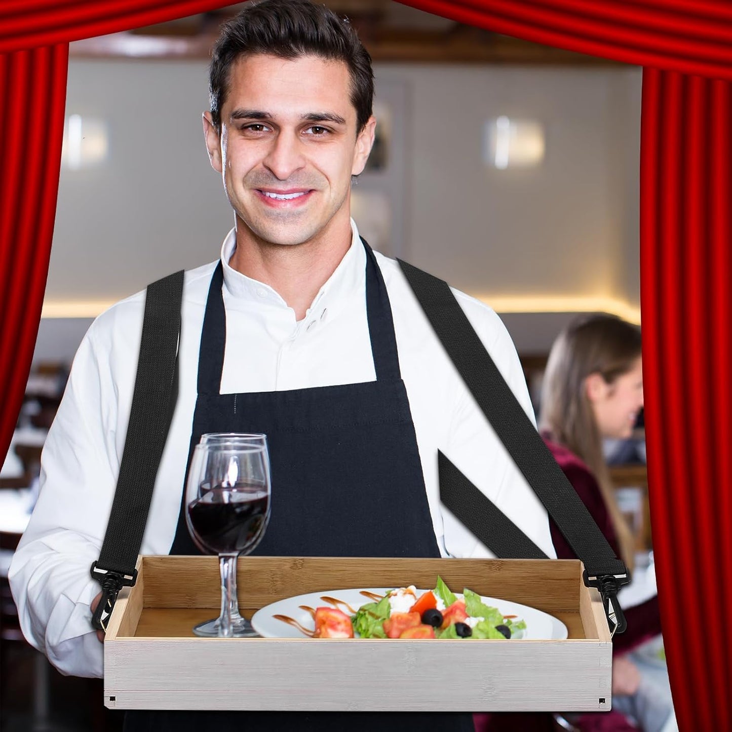 Marsui 2 Pcs Halloween Snack Trays with Straps 15 x 11 x 2 Inch Wooden Movie Night Snack Drink Trays Vendor Usherette Popcorn Drink Beverage Carrier for 20's Theme Carnival Party Costume(White)