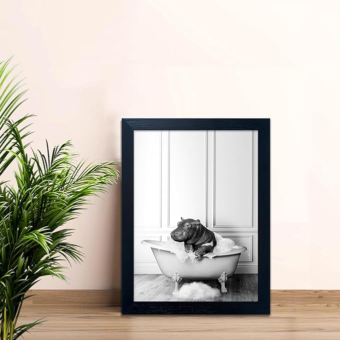 Black and White Bathroom Wall Decor Funny Hippo in Bathtub Wall Art Framed - Image 8