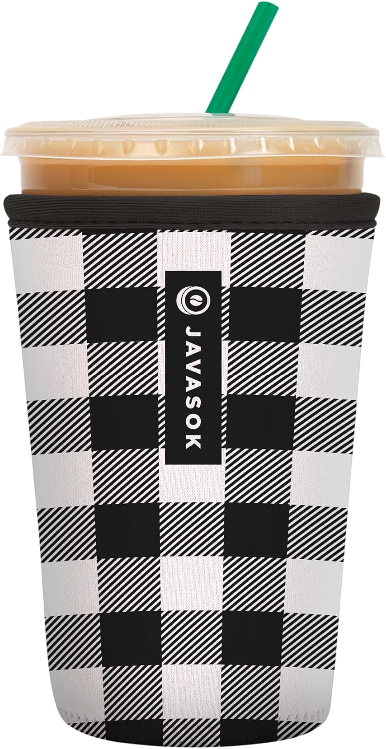 Sok It JavaSok Iced Coffee & Cold Soda Insulated Neoprene Cup Sleeve (B&W Buffalo Check, Medium: 22-28oz)