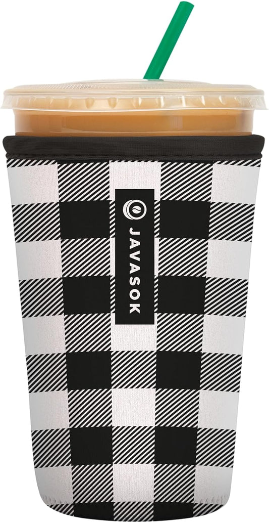 Sok It JavaSok Iced Coffee & Cold Soda Insulated Neoprene Cup Sleeve (B&W Buffalo Check, Medium: 22-28oz)