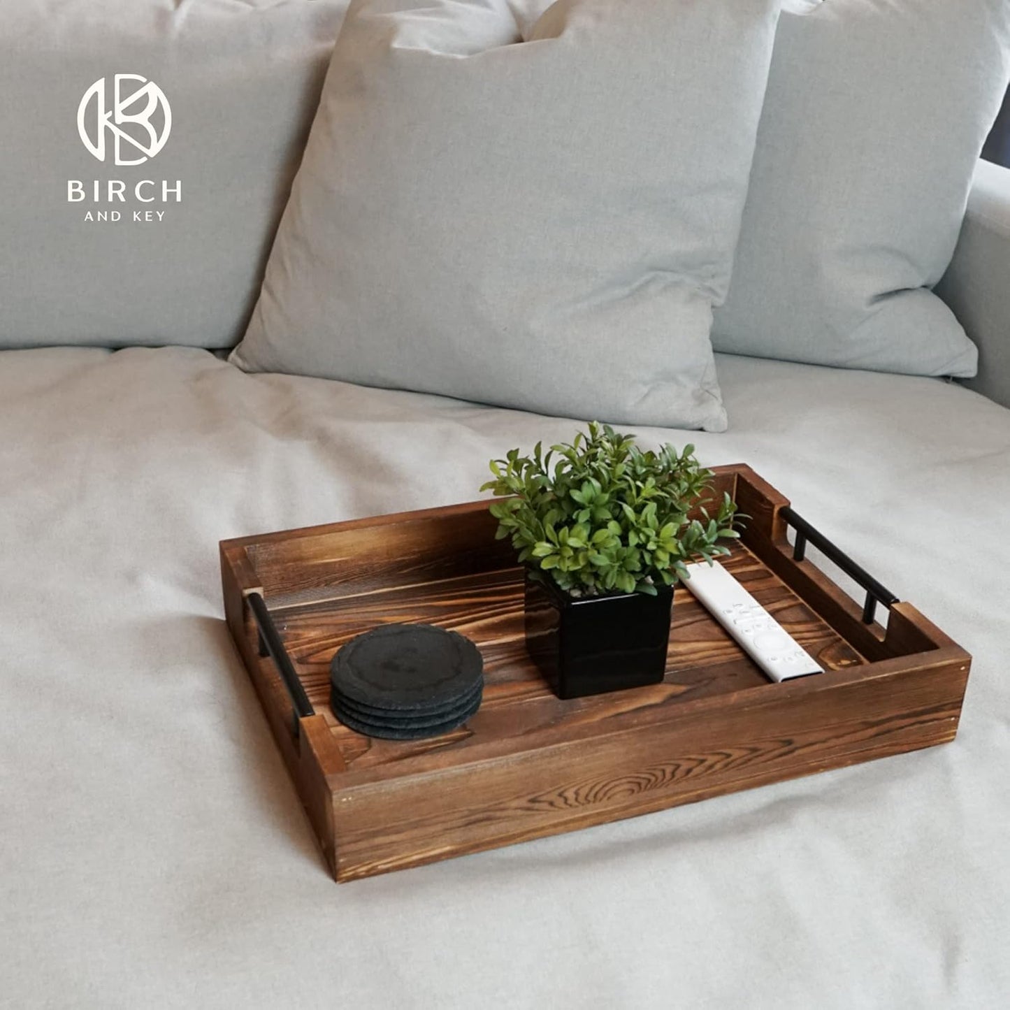 Natural Bamboo Serving Trays Modern Decorative Otman Trays with Metal Handles - Perfect for Living Room, Bedroom, Entryway & Kitchen