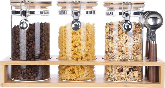 KKC HOME ACCENTS Glass Canisters with Airtight Hinged Lids and Scoops,Sealed Glass Storage Jar Containers for Coffee Beans,Loose Leaf Tea,Sugar,Ground Coffee,Matcha,Bamboo Lid Airtight Jars