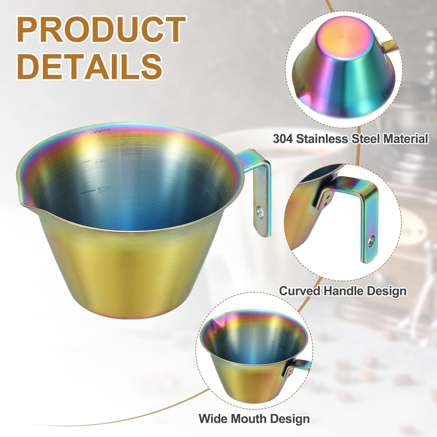 uxcell 1 Pcs Stainless Steel Espresso Cup with Handle, V-Shaped Mouth Espresso Measuring Cup with Scale for Preparing Coffee, Cocktails, 3.4OZ/100ML (Iridescent)