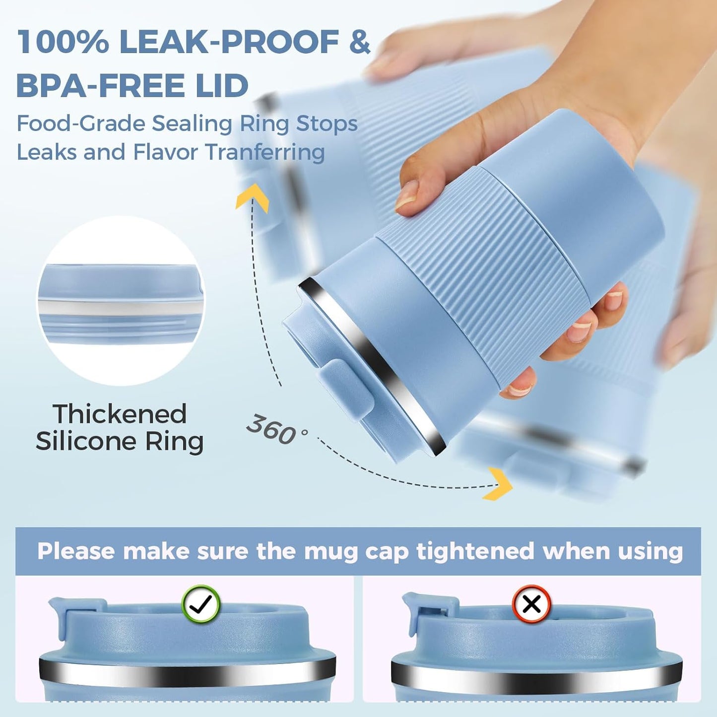 Volhoply 13 oz Stainless Steel Insulated Travel Coffee Mug with Fip Lid Bulk 2 Pack,Reusable Double Wall Vacuum Metal Coffee Cup,Portable Leak Proof Thermal Tumbler for Hot & Cold Drinks(Fog,2)