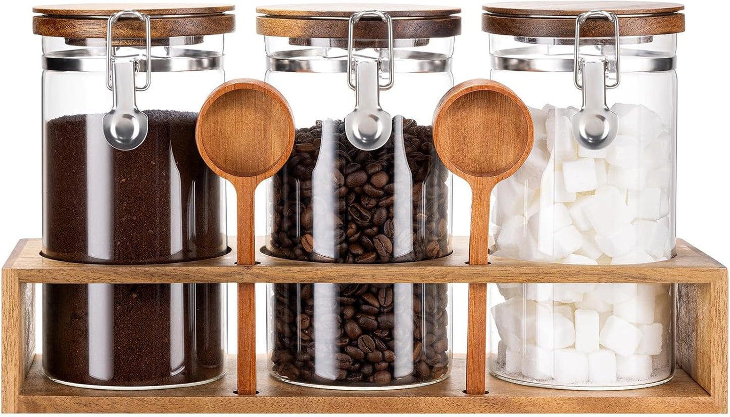 Yangbaga Glass Sugar Coffee Canister with Shelf, 3 x 45OZ Coffee Bean Containers Storage Station Organizer with Airtight Locking Clamp and Log Coffee Scoop, Food Storage Canisters Sets for Kitchen
