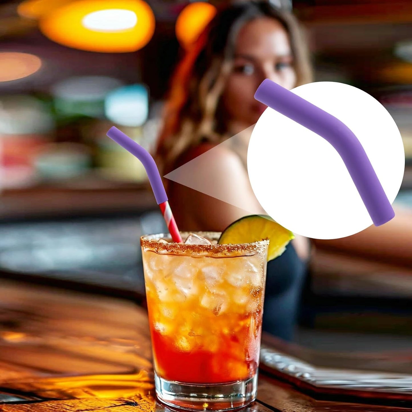 6pcs Food-Grade Silicone Metal Straw Tips, Reusable Flex Elbow Straws Cover Replacement Tips, Soft Straw Toppers Kits for 8 mm Stainless Steel Metal Straws - Dark Purple