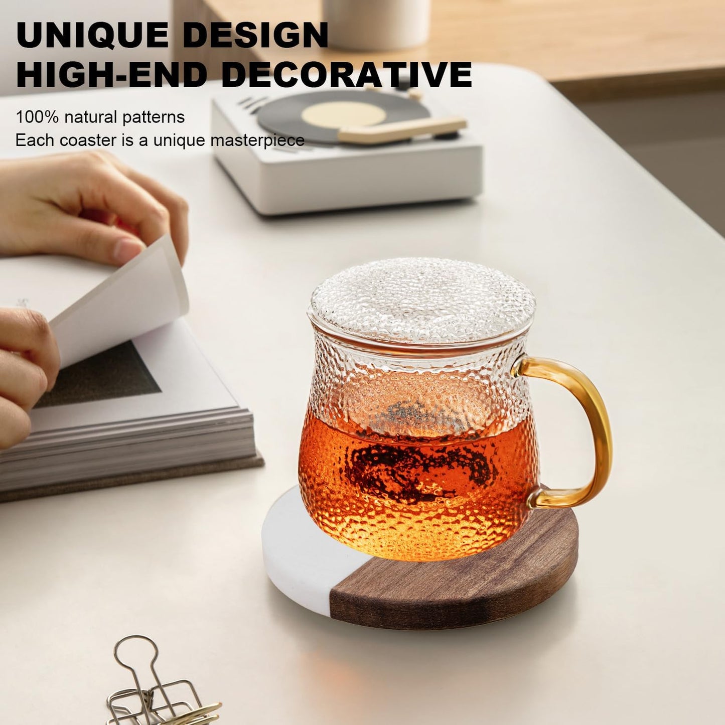 Marble Coasters: 4-Piece Set of Acacia Wood Marble Coasters, Suitable for Kitchens, Offices, and can be Used as Gifts (Round White)