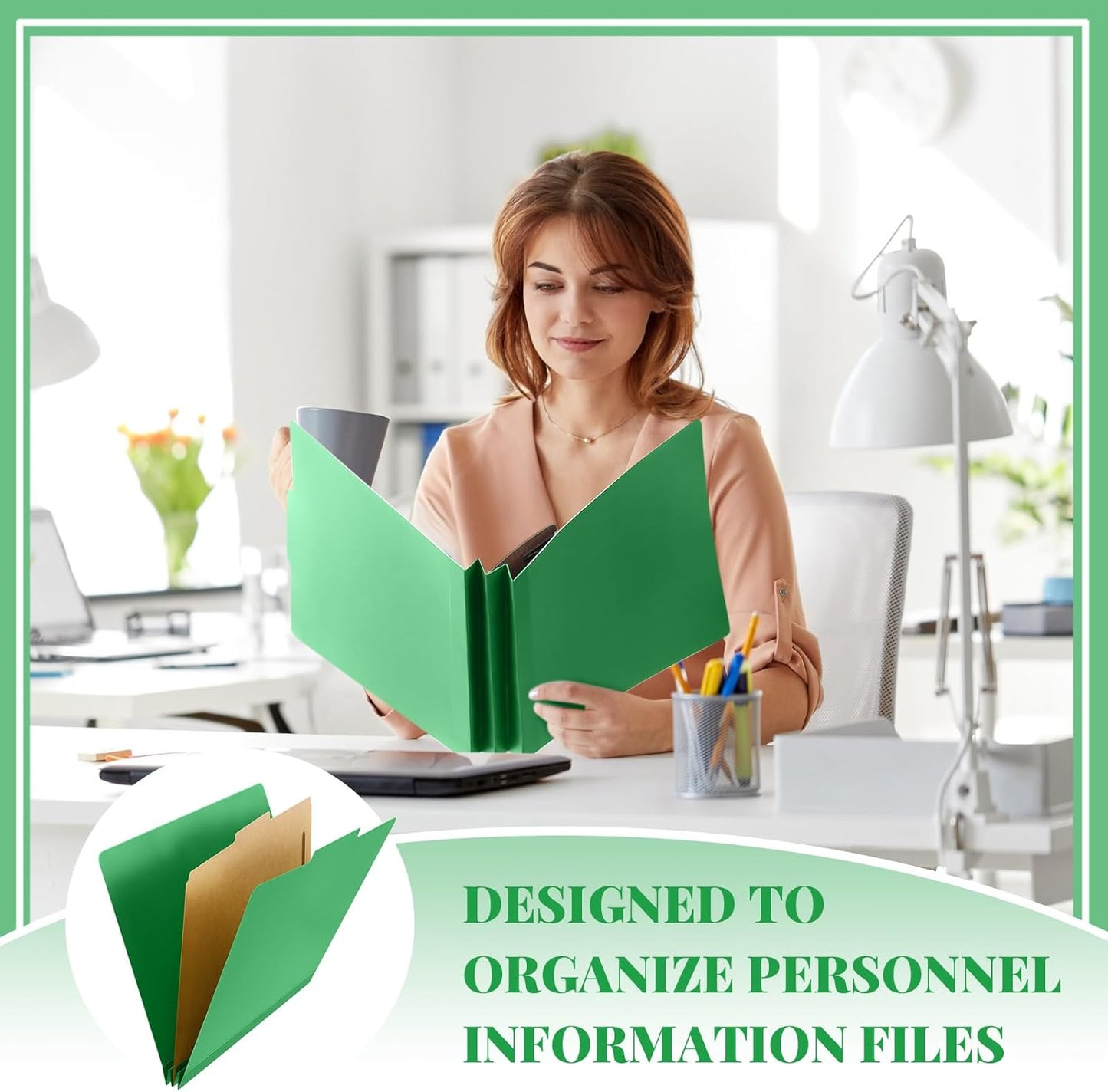 12 Pcs Classification Folders Letter Size, Back to School Supply for Teacher, Student, 1 Divider Pressboard File Folder Bulk with 2 Fasteners, 3.5 Inch Expanding File Organizer (Green)