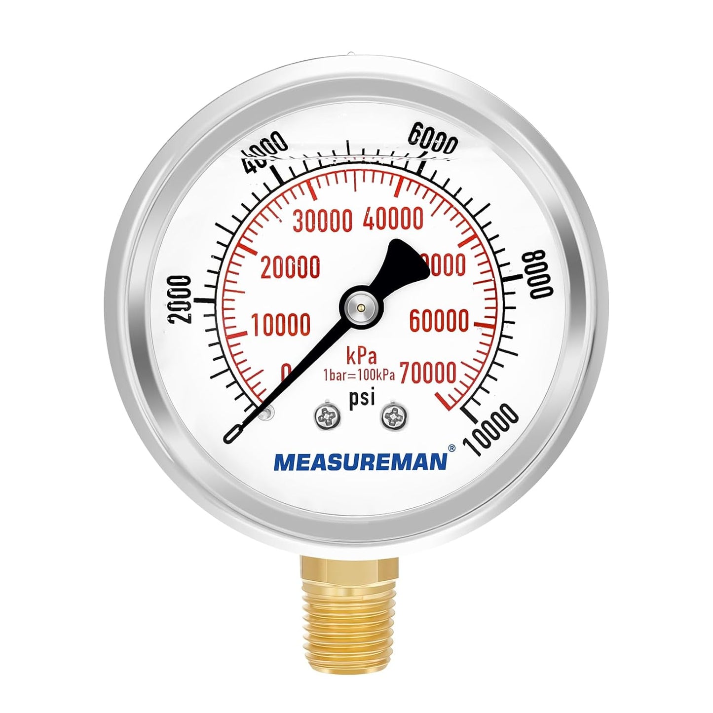 MEASUREMAN 2-1/2" Dial Size, Glycerin Filled Pressure Gauge, 0-10000psi/kpa, 304 Stainless Steel Case, 1/4" NPT Lower Mount