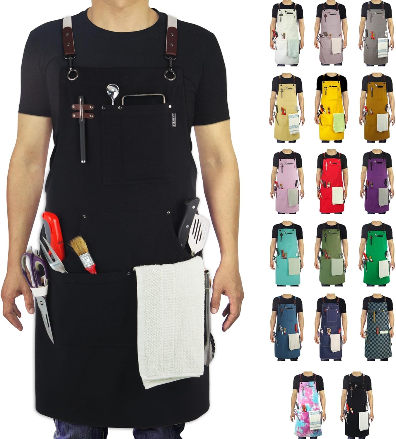 10 Pack Kitchen Aprons, Work Apron, Canvas, Multiple Pockets, Gardening, Painting, BBQ, Artist, Carpenter, Sizes M to XXL, Black