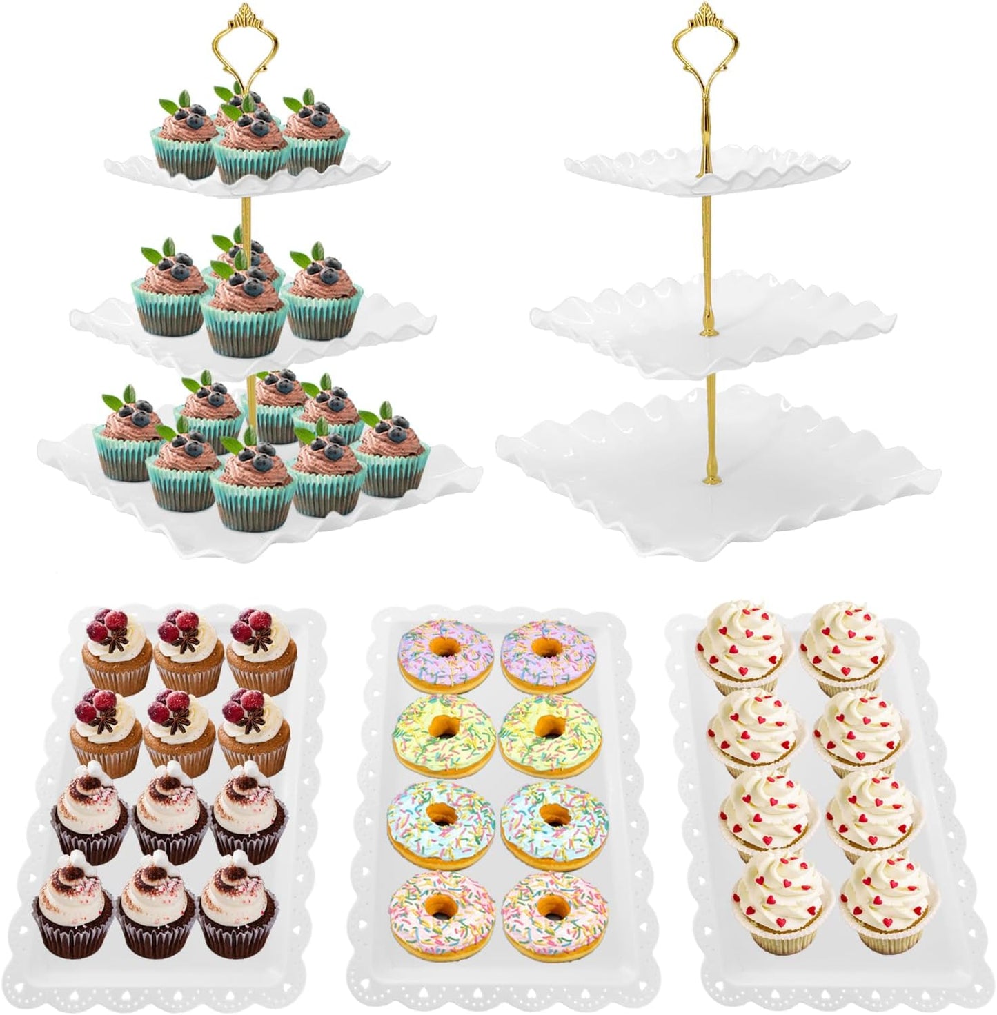 5 Pcs Dessert Table Display Set, White Plastic 2 Pcs Square 3 Tier Cupcake Stand Cup Cake Tower Stand with Metal Rod & 3 Pcs Serving Tray for Baby Shower, Tea Party, Wedding, Birthday Party