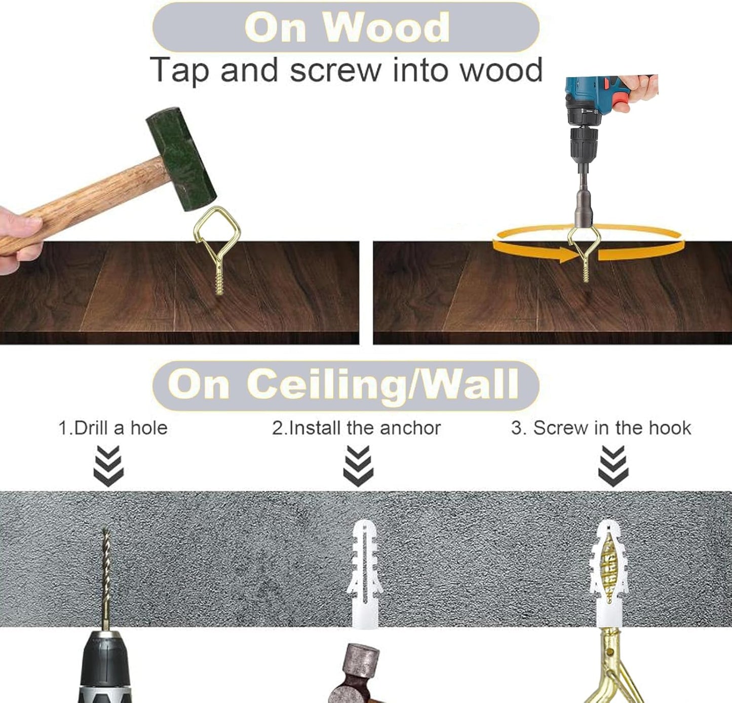 35PCS Eye Screw Hooks for Hanging Heavy Duty with Safety Buckle.Metal Ceiling Hooks for Hanging Plants,Cup,Wind Chime,Bird Feeders,String Lights at Indoor&Outdoor,2.36 Inches Gold