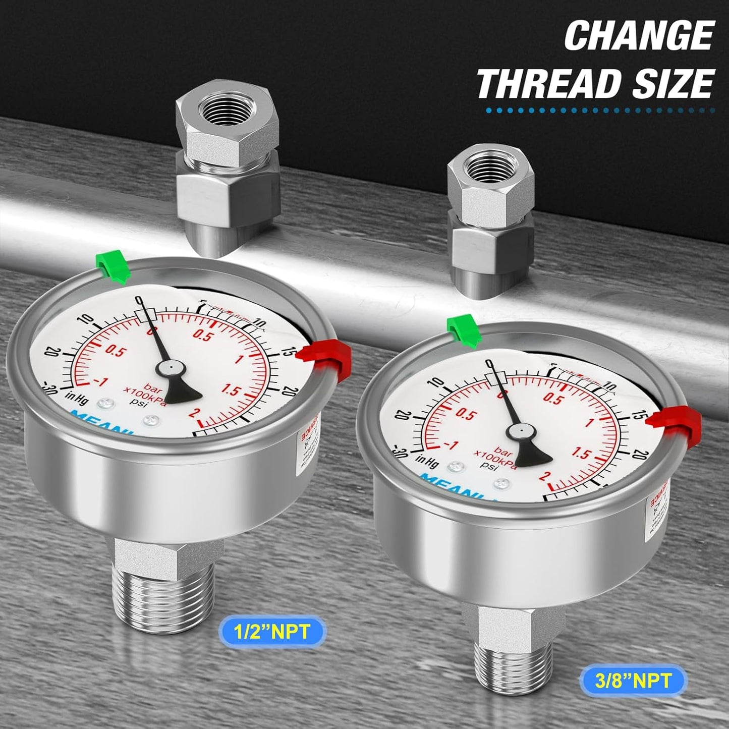 MEANLIN MEASURE -30inHG~30Psi Vacuum Pressure Gauge 316 Stainless Steel Joint 1/4"NPT 2.5"FACE DIAL, Liquid Filled Pressure Gauge WOG Water Oil Air Back Mount with Stainless Steel Hex Bushing, Snaps