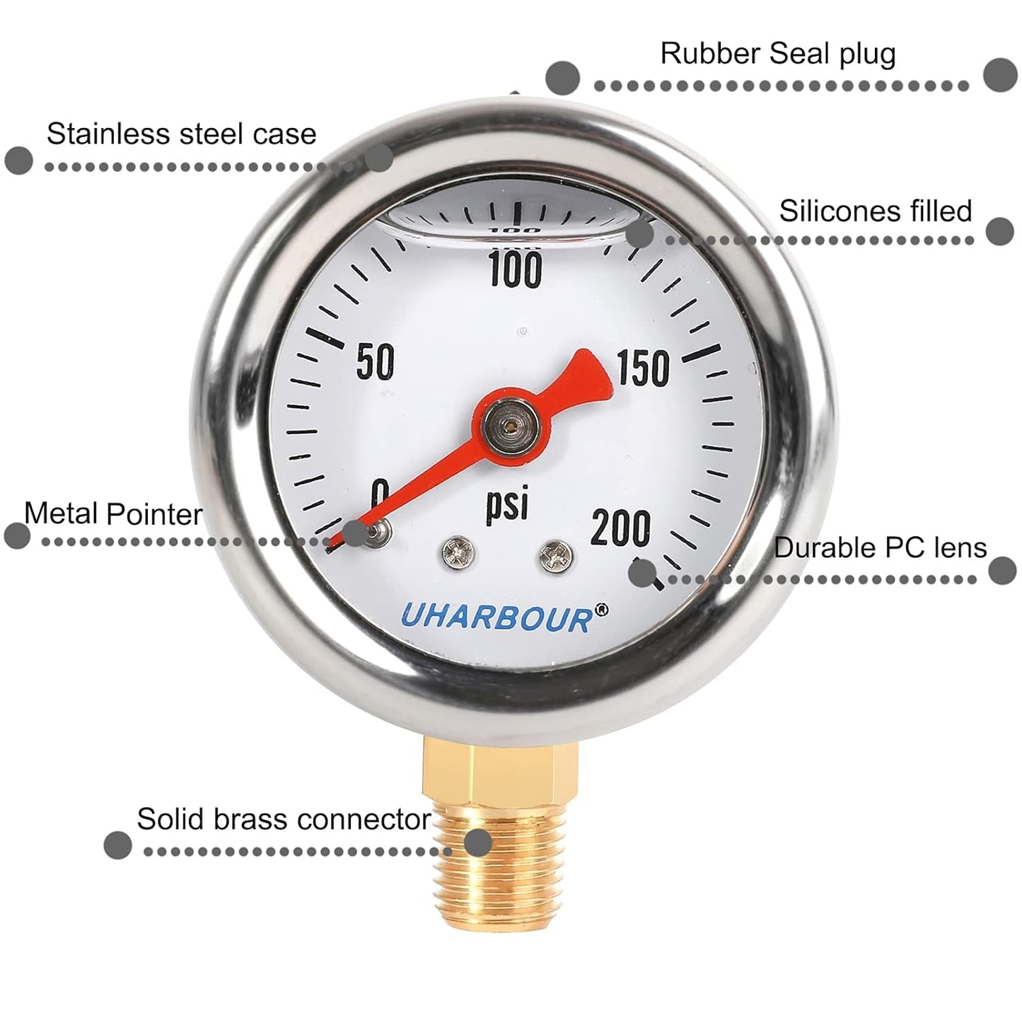 Glycerin Filled Pressure Gauge with 304 Stainless Steel Case, 1-1/2" Dial Size, 0-200Psi, High Accuracy, 1/8" NPT Center Lower Mount with Single Scale (psi).
