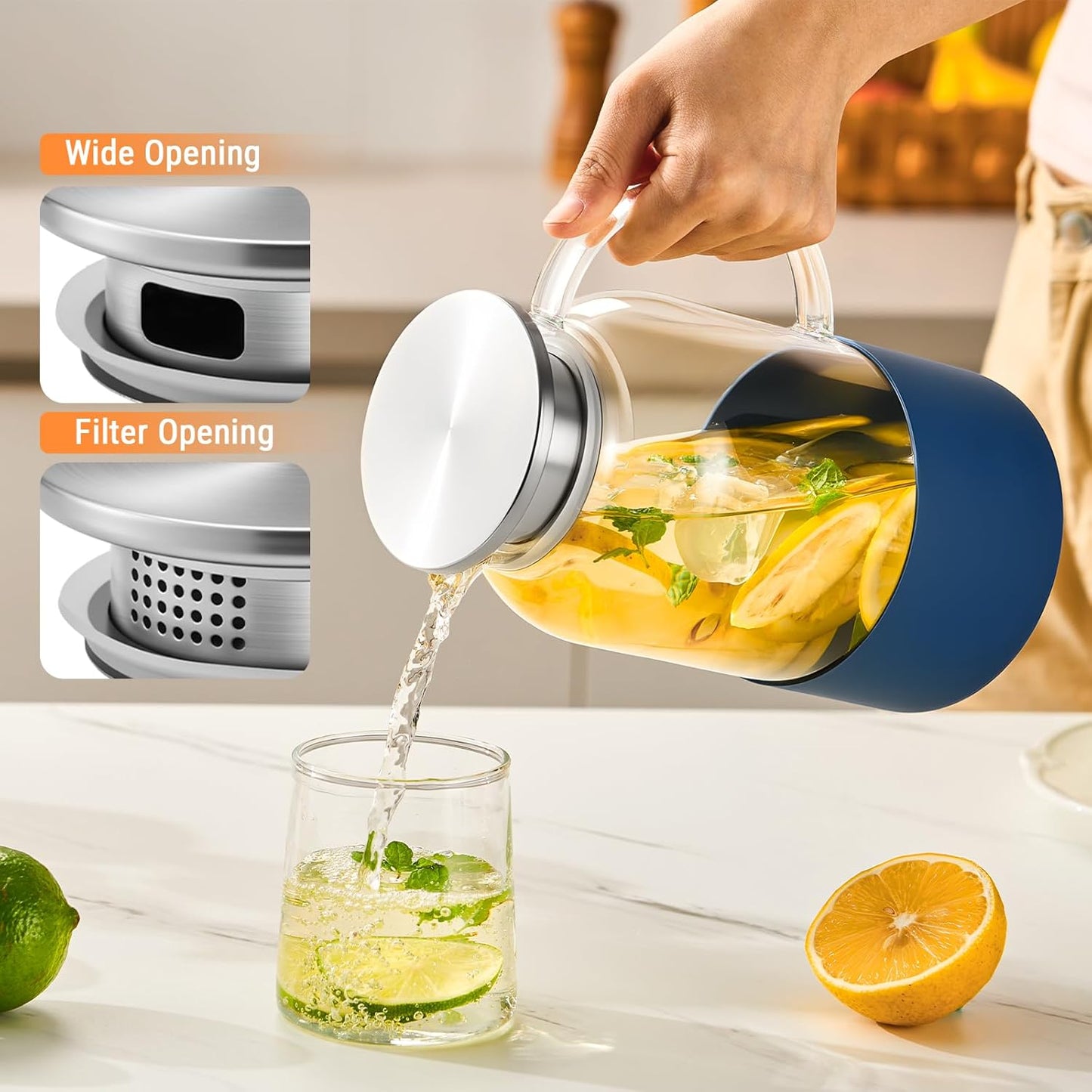 PARACITY Water Pitcher with Silicone Base 61oz/ 1.8L, Hot& Cold Glass Pitcher with Lid and Handle, Glass Carafe with Lid for Coffee, Juice, Lemonade and Milk (Blue base)