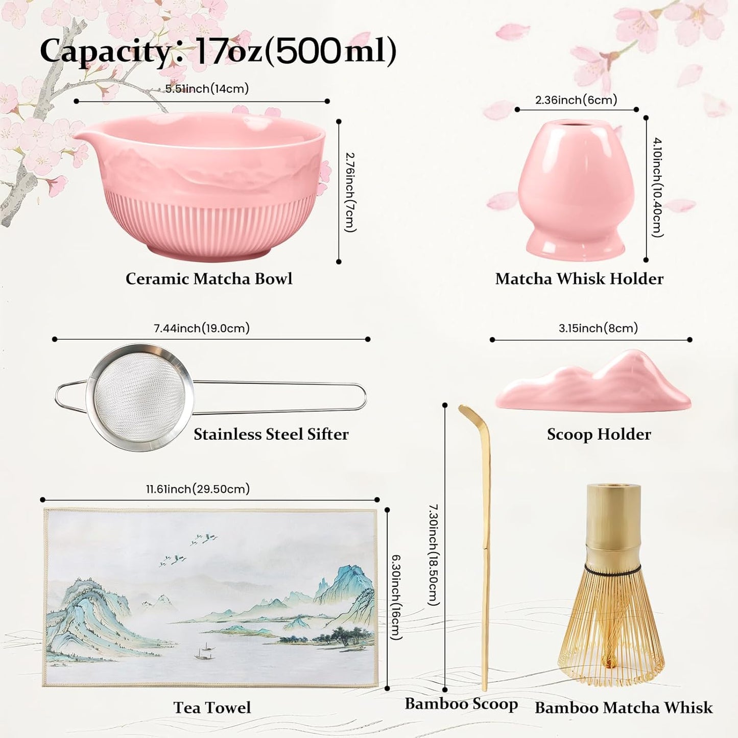 7PCs Matcha Whisk Set Traditional Japanese Matcha Kit with Ceramic Bowl Bamboo Chasen Tea Spoon Holder Sifter Tea Towel Ceremony Matcha Tea Making Tools Green Tea Set for Beginners