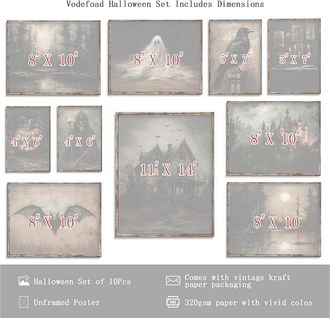Vodefoad 10Pcs Halloween Wall Art Prints Dark and Moody Halloween Print Set - Image 2