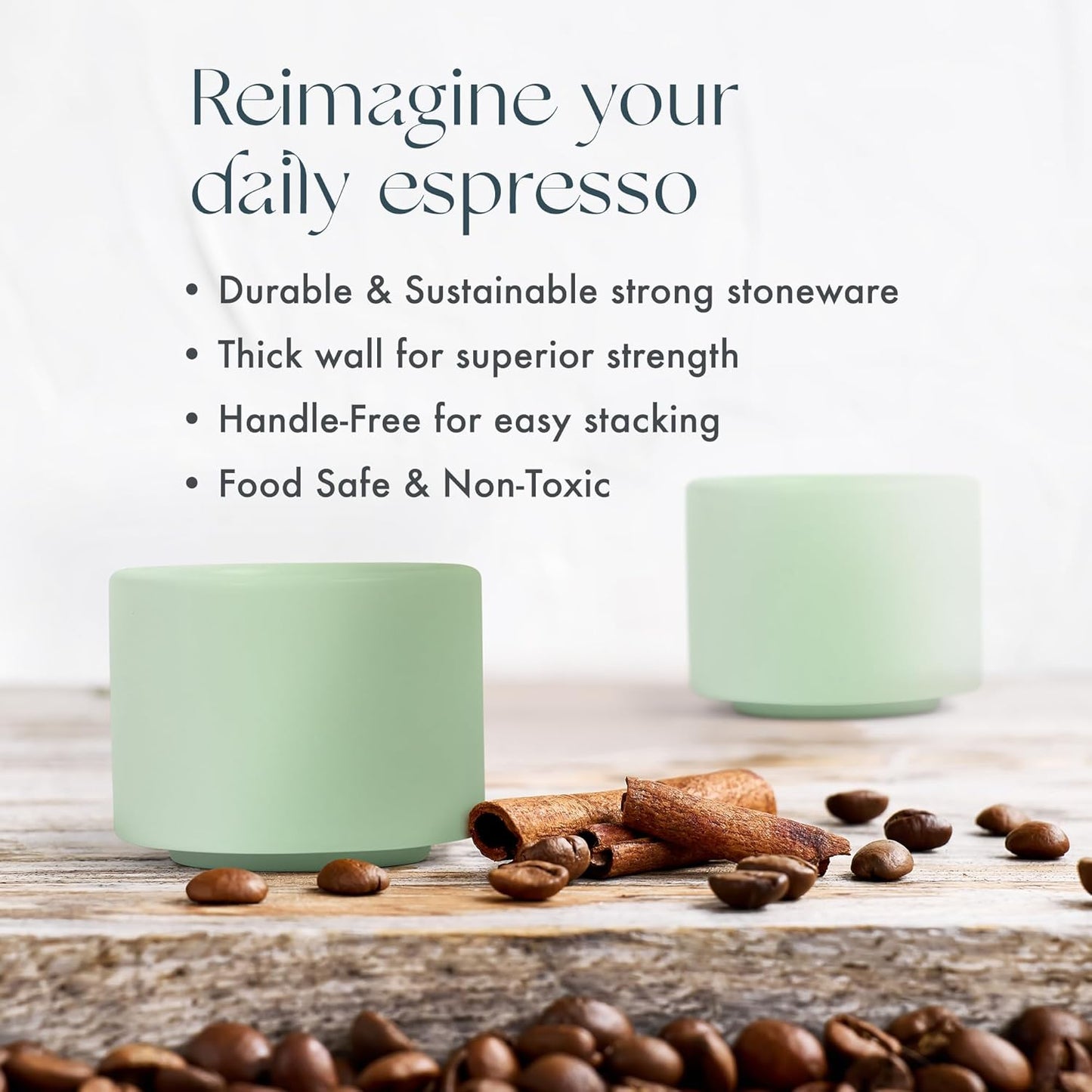 Folk Ceramics Leonard Ceramic Espresso Cups | Modern Stackable Demitasse Mugs for Espresso | Double Walled, Handleless, Durable, Dishwasher & Microwave Safe | 3oz, Set of 2 | Misty Green