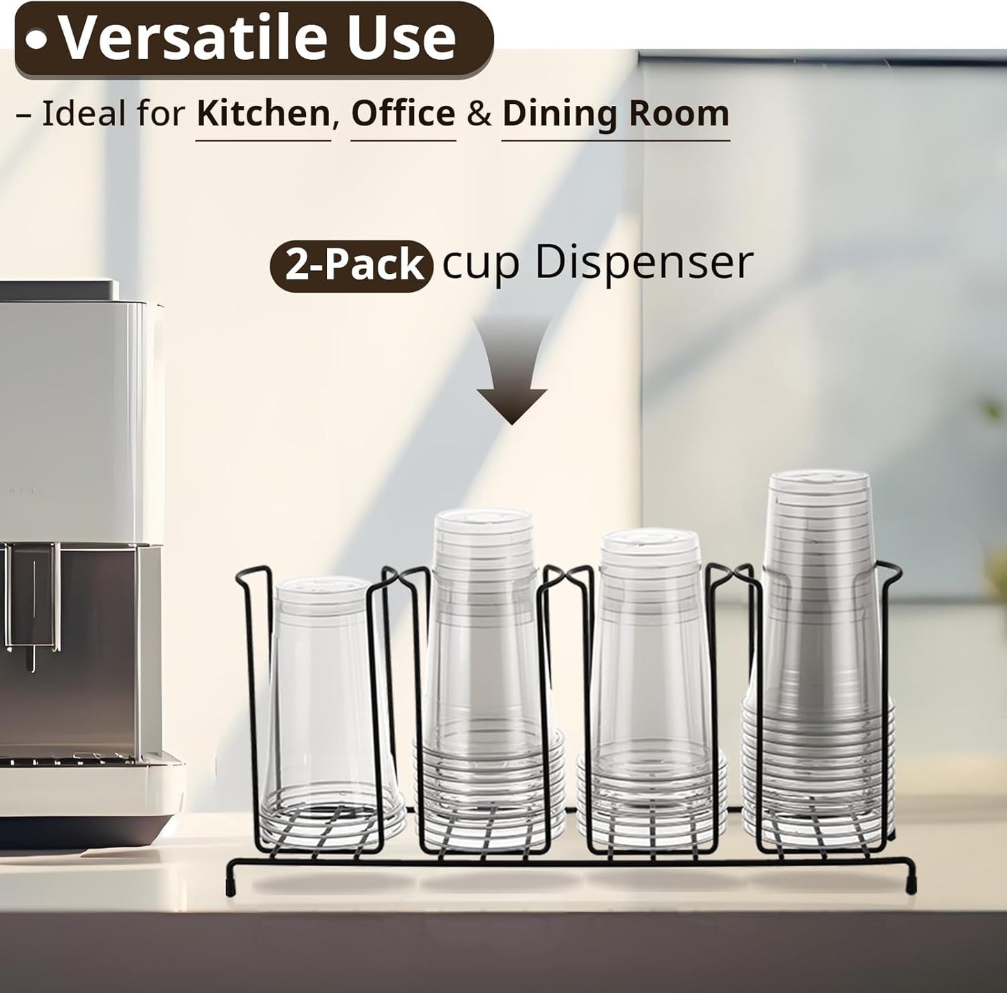 Maxdot 2 Pcs Coffee Cup Organizers 23 x 5 x 8.5 Inch Wire Rack Coffee Cup and Lid Holder Black Iron Lid Dispenser Countertops Organizer for Kitchen Storage Essentials (4 Section)