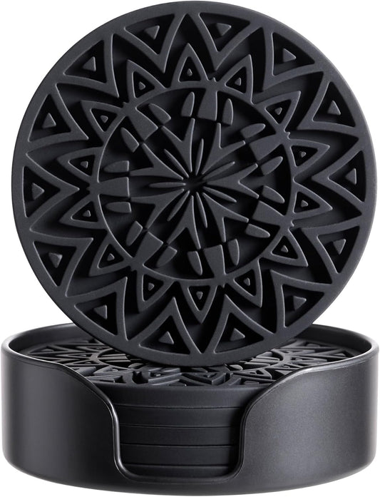 Set of 6 Black Silicone Coasters with Holder, Drink Coasters with Tribal Pattern Shape- for Table Protection, Anti Slip, Nonstick, Heat Resistant, Deep Tray