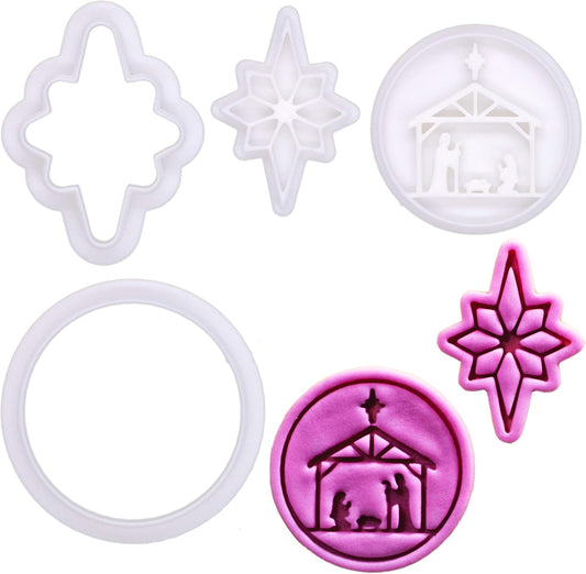 BAKERLOGY Holy Night – Mini Nativity Scene & Star of Bethlehem Cookie Cutter and Stamp Set (2") – Traditional Christmas Symbols for Holiday Baking and Seasonal Crafts