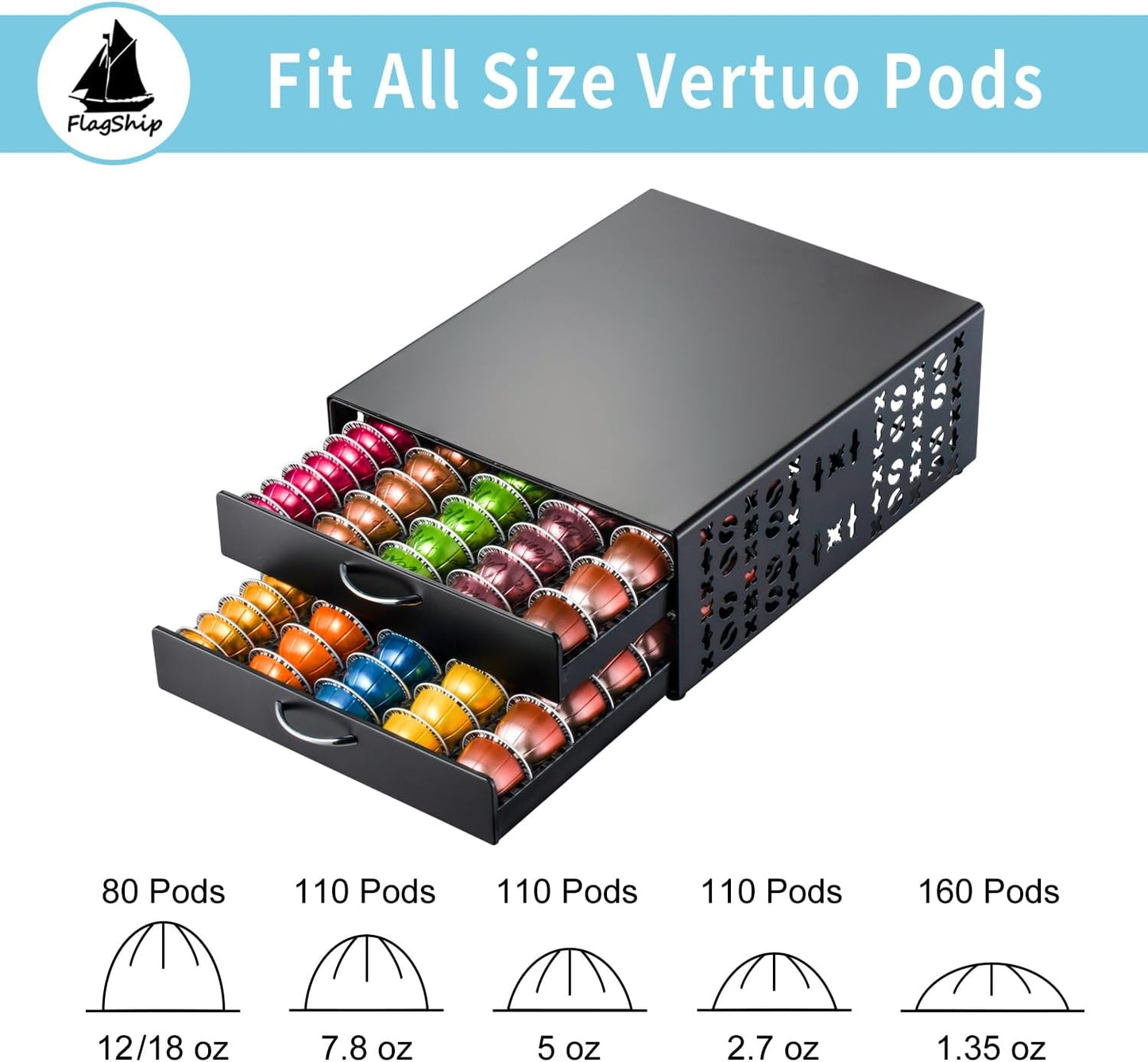 Flagship Vertuo Pod Holder Coffee Storage for Nespresso Organizer - Large Capacity 2 Tier Drawer Fits All Size Vertuo Pods
