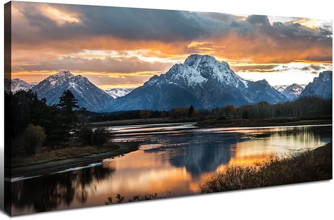 Sunset Mountain Wall Art for Living Room Nature Grand Teton Landscape Canvas by HOME