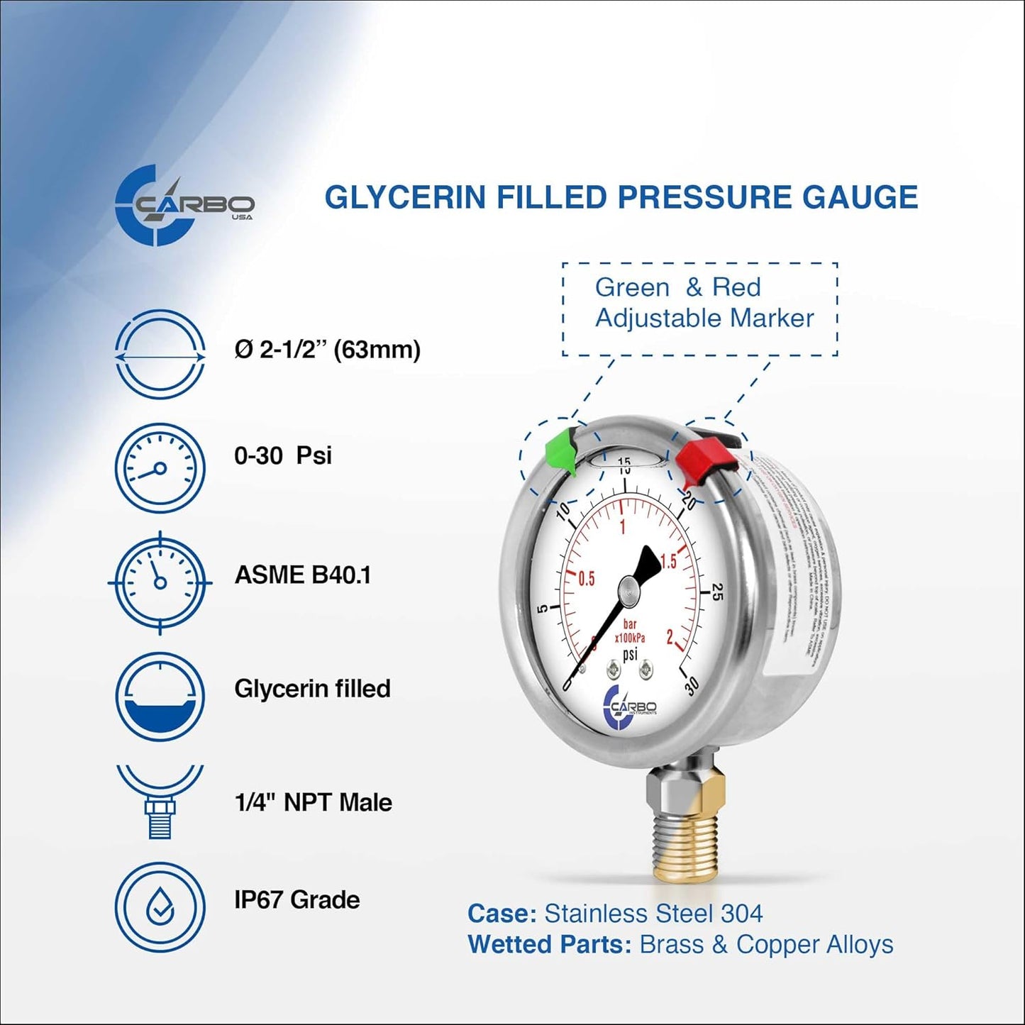 Stainless Steel Pressure Gauge Dual Display (0-30 psi/kPa) - 2 1-2" Glycerine Liquid Filled Water Air Oil Gas Gauge with Polycarbonate Lens & Brass Connection - 1/4" NPT Lower Mount