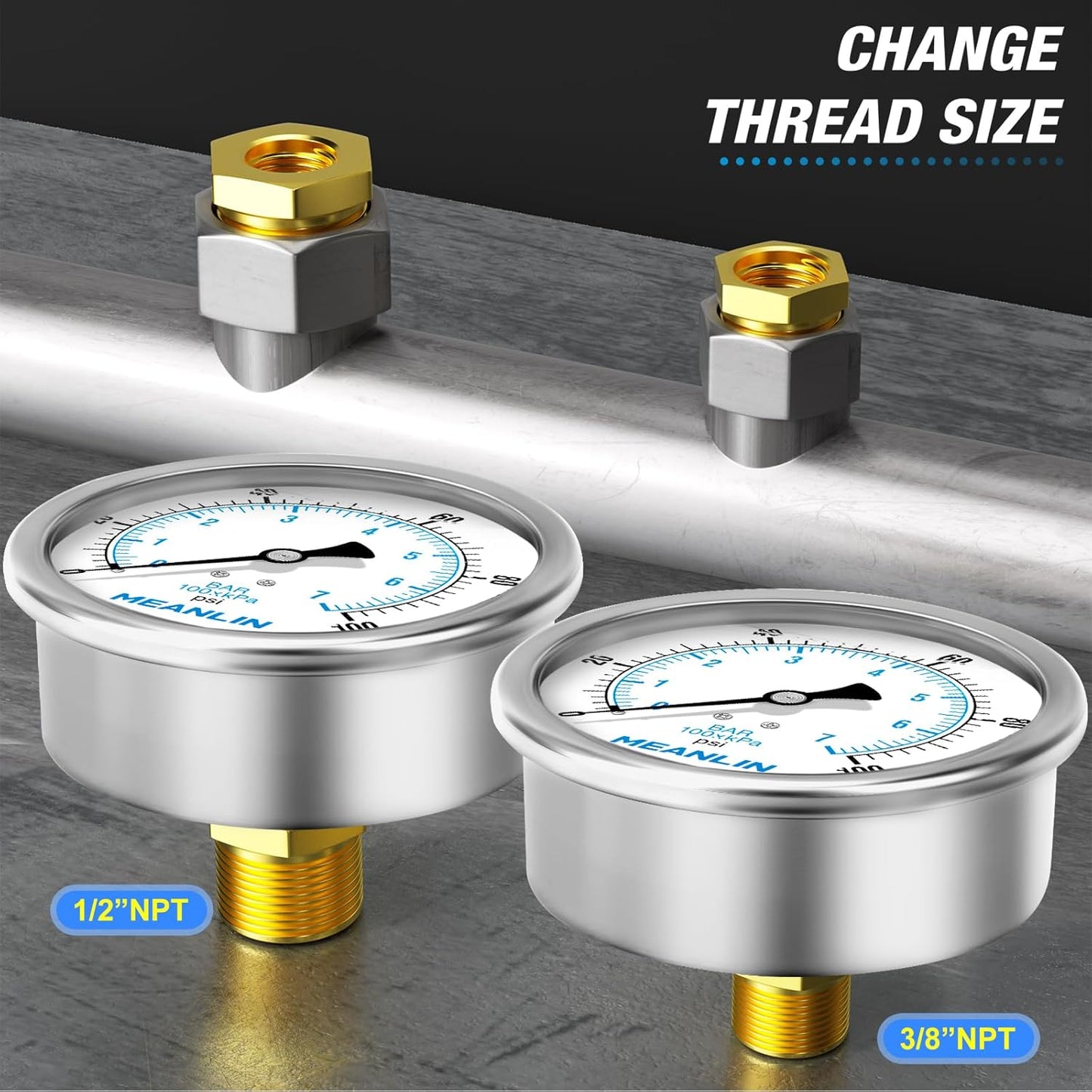 MEANLIN MEASURE 0~100Psi Stainless Steel 1/4" NPT 4" FACE DIAL Liquid Filled Pressure Gauge WOG Water Oil Air Back Mount, with 1/4" x 1/2" NPT and 1/4" x 3/8" NPT Hex Bushing