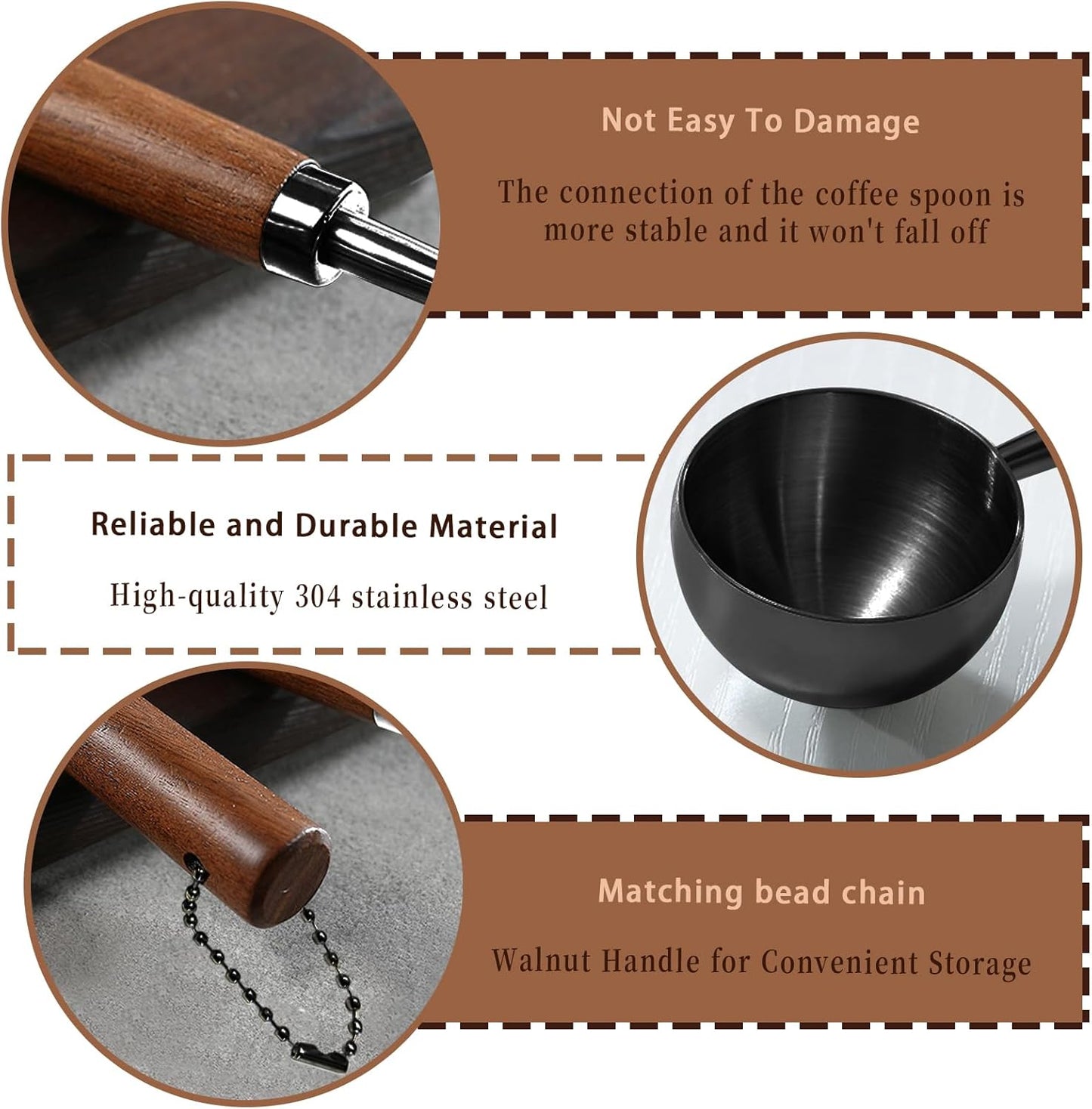 1pcs Coffee Scoop for Ground Coffee, Beans and Tea，Vintage Coffee Measuring Spoon with Long Wooden Handle 30ml/10g Capacity 304 Stainless Steel（Black)