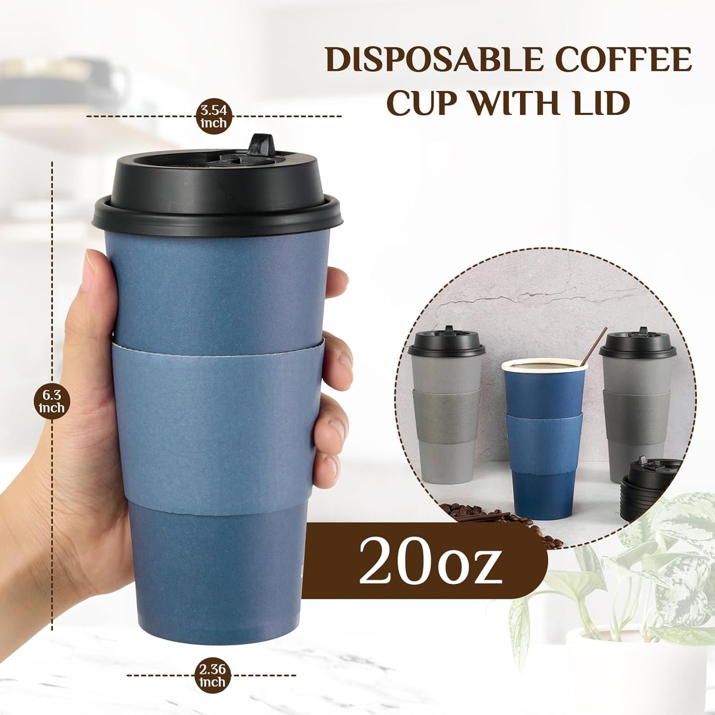 LITOPAK 100 Pack 20 oz Disposable Paper Coffee Cups with Lids, Sleeves and Stirring Sticks for Hot Coffee, Water or Juice, Blue and Gray Hot Paper Cups for Cafes, schools, offices, shops