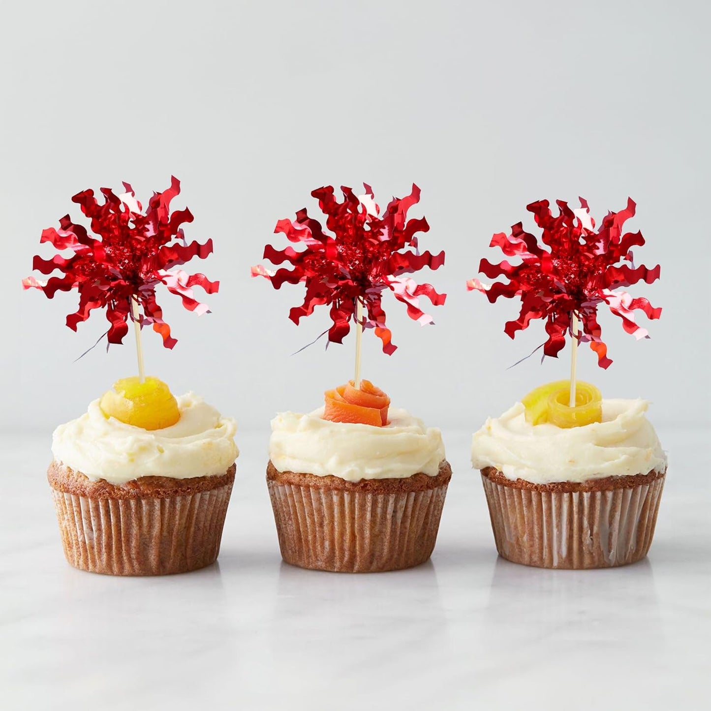 Gyufise 30Pcs Foil Firework Cupcake Toppers Sparkle Tinsel Cake Toppers Tinsel Drink Cake Decoration Cocktail Picks for Birthday Wedding Graduation Party Supplies Red