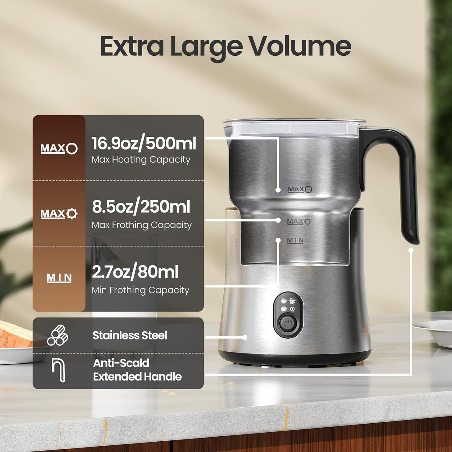 Electric Milk Frother and Steamer 4-in-1, 16.9oz/500ml Large Capacity, Frother for Coffee with Warm/Cold Foam, Warm Milk & Hot Chocolate for Latte, Cappuccino