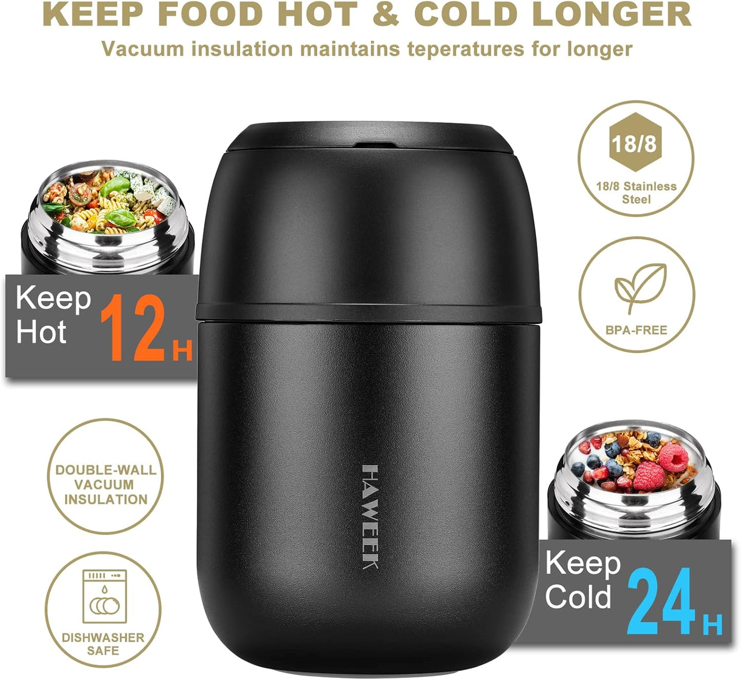 Insulated Food Container 17 oz Soup Thermo for Hot Food Kids Adults, Stainless Steel Vacuum Lunch Box with Folding Spoon, Adult Kids Thermo Portable with Handle for School, Office, Outdoor