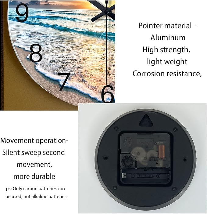 Blue Beach Wall Clock for Bedroom Glass Wall Clocks Battery Operated 12 Inch - Image 8