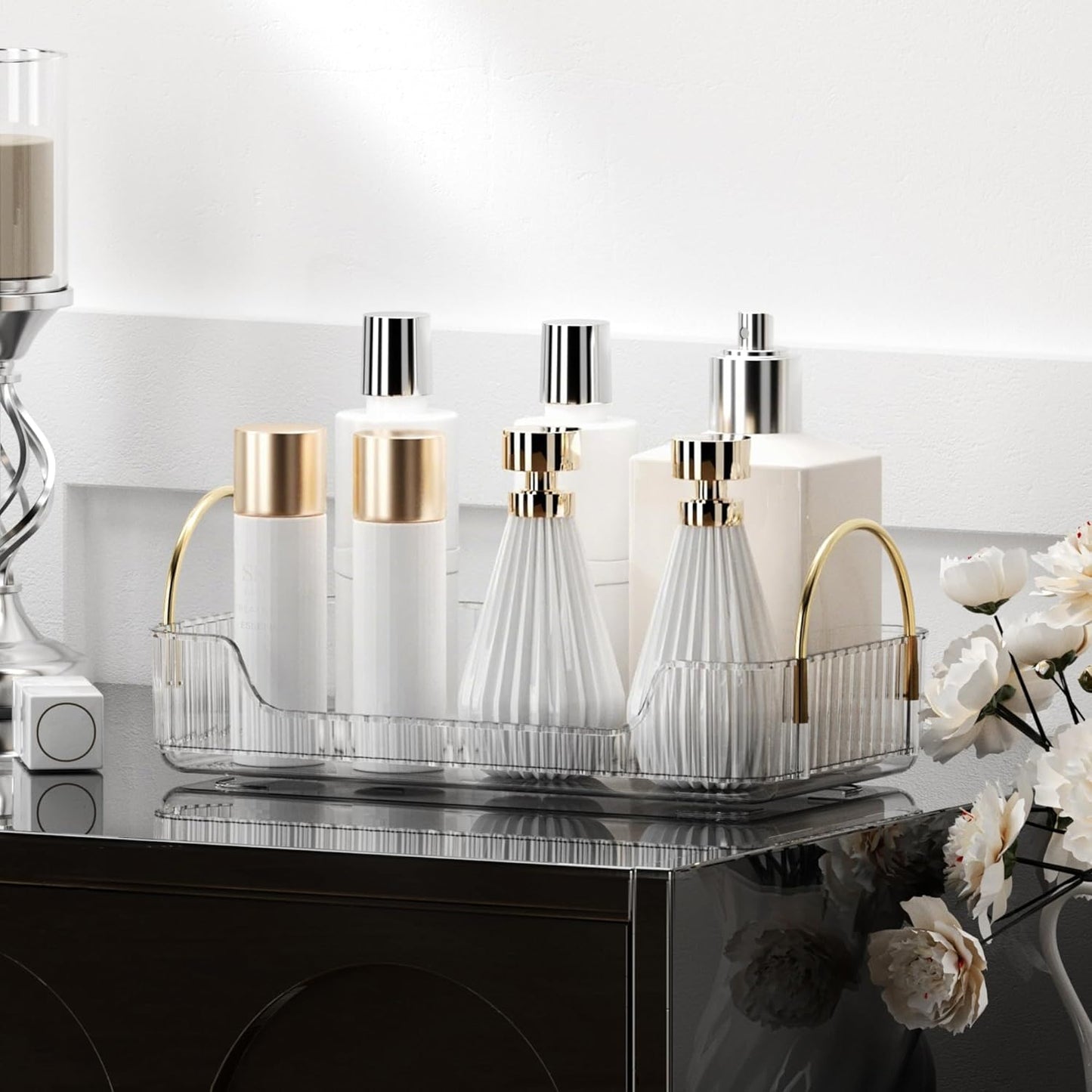 YCIA&DONE Bathroom Organizer Countertop, Makeup Storage, Skincare Cosmetic Tray Shelf, Perfume Holder Rack for Vanity Counter, Large Capacity, Easy to Install, Clean, 1 Tier, Clear White