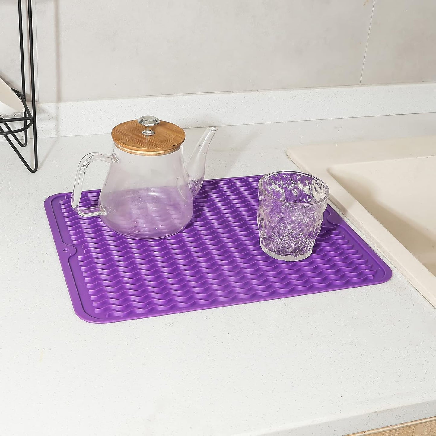 Silicone Dish Drying Mat for Multiple Usage,Easy clean,Eco-friendly,Heat-resistant Silicone Mat for Kitchen Counter or Sink,Refrigerator or drawer liner Purple L 16 inches x 12 inches