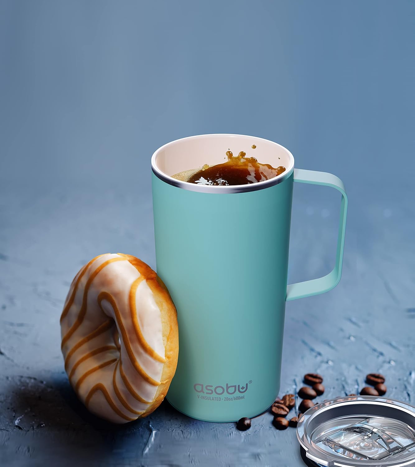 asobu Tower Mug Ceramic Inner Coated Insulated Stainless Steel Cup for Pure Tasting Coffee with Easy Hold Handle and Tritan Lid Fits Standard Cup Holders 20 Ounce Travel Mug