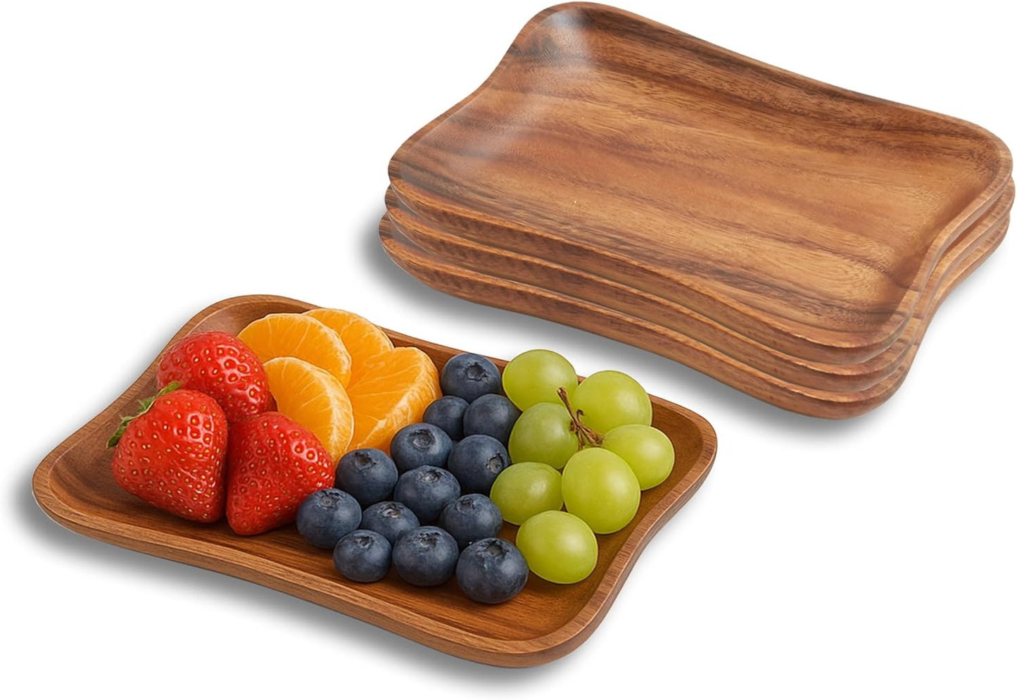 Woodard & Charles Set of 4 Acacia Wood Pinched Tray for Charcuterie, Sushi, Dessert, Fruit and More, 7.5" x 5.25"