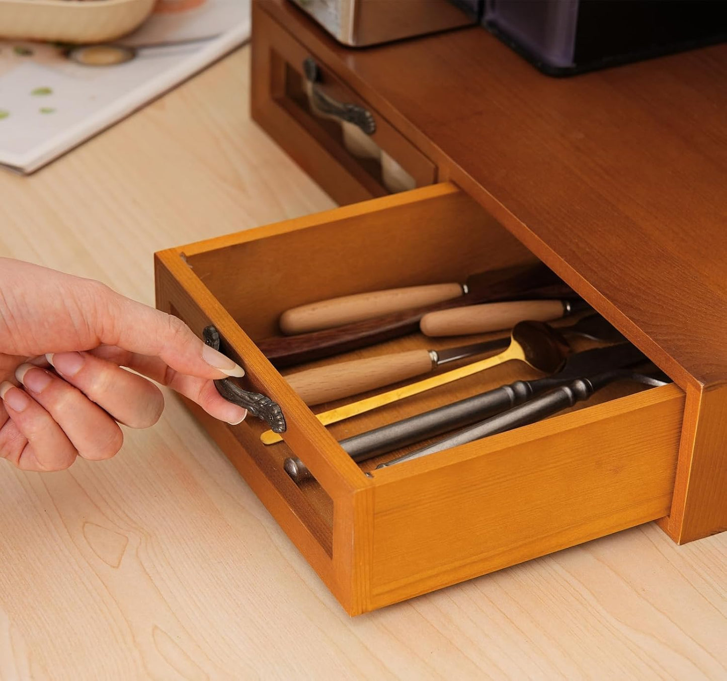 Wooden K-Cup Organizer - Coffee Pod Storage Box, 15.6 * 11.7 * 3.1 in, Compatible for Keuring Pod Holder, 30-50 Pod Capacity, No Assembly Required, Tea Bag Organizer Counter, Coffee Stand with Drawer