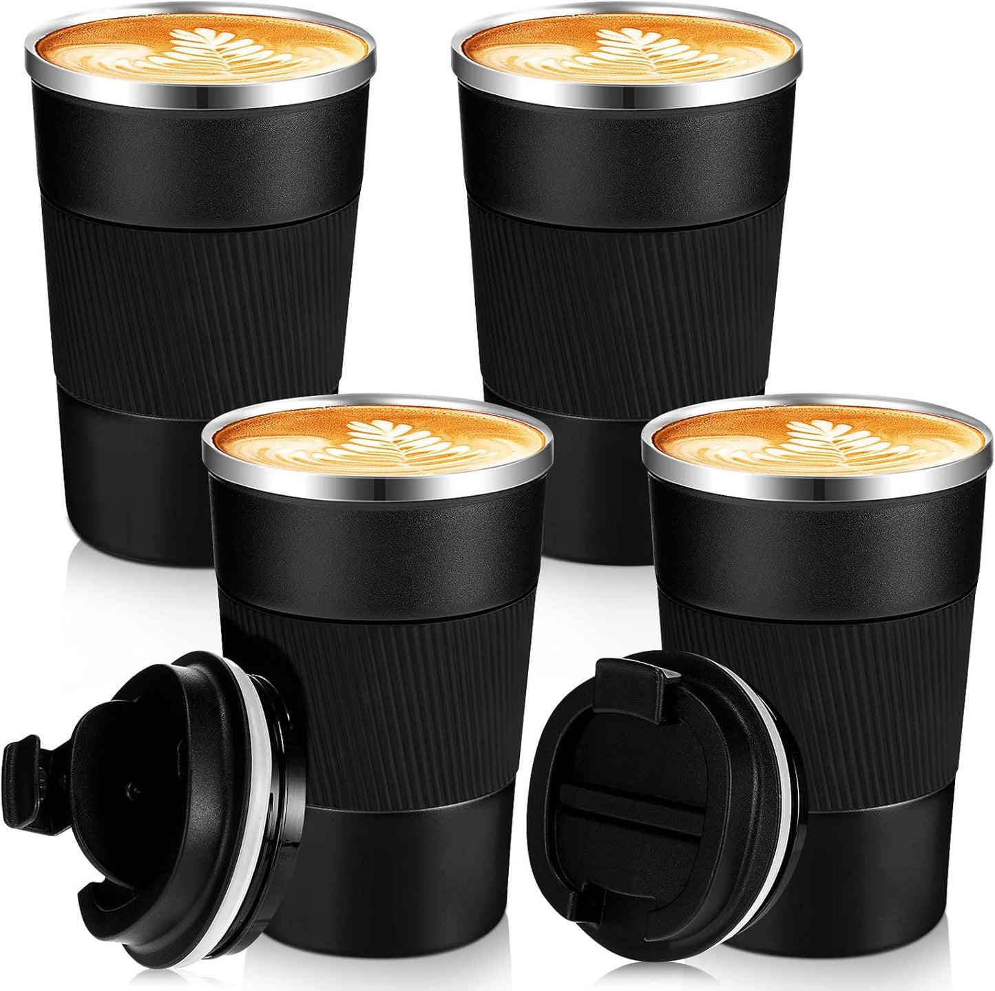 Sabary 4 Pack 16 oz Bulk Travel Coffee Mug with Lid Reusable Vacuum Insulated Coffee Tumbler Double Wall Thermal Stainless Steel Camping Tea Cup for Christmas Winter Drinks Employee Gift(Black)