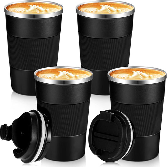 Sabary 4 Pack 16 oz Bulk Travel Coffee Mug with Lid Reusable Vacuum Insulated Coffee Tumbler Double Wall Thermal Stainless Steel Camping Tea Cup for Christmas Winter Drinks Employee Gift(Black)