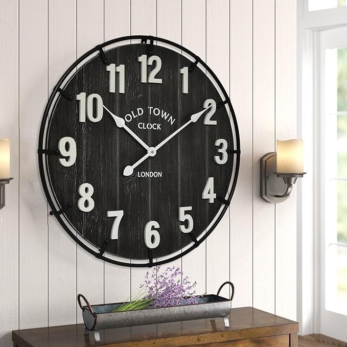 EMAX HOME Large Old Town Farmhouse Black Wall Clock 24 Inch Rustic Antique Wood - Image 7